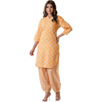 Lookmark Women's Latest Printed Cotton Blend Straight Kurta And Afghani Pant Set Perfect For Casual And Office Wear (Az-Lm-P3-Ks2070 Mustard-S)