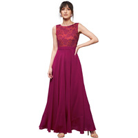 Miss Chase Women's Round Neck Sleeveless Georgette Floral Lace Fit & Flare Maxi Dress