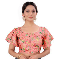 Pujia Mills Women's Multicolor Butterfly Floral Print Pattern Ruffle Sleeve Readymade Saree Blouse