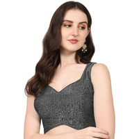 Pujia Mills Women's Multicolor Sweetheart Neck Georgette Line Soft Embroidery Sequence Zari Work Sleeves Readymade Saree Blouse (34, Grey)