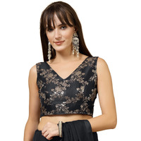 Oomph! Women's Indian Ethnic Wear Designer Botanical Pattern Zari Work V Neck Sleeveless Jet Black Color Brocade Readymade Blouse For Saree Or Lehnga And Fusion Twist. Xxl