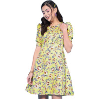 Oomph! Women's Western & Fusion Wear Below Knee Shift Yellow Dress In Crepe Fabric With Round Neck And Puff Sleeves - Md621Xxl