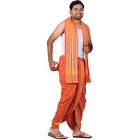 Prakasam Cotton Men's Stitched Panchakacham (Ready To Wear) Dhoti Towel Set With Pocket- Free Size. (Light Kaavi)
