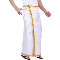 Prakasam Cotton Mens Double Layers Art Silk - Welcro Pocket Dhoti For Mens (White, 40)