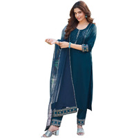 Sanisa Women's Cotton Blend Sequence Embroidery Work Straight Kurta With Pant And Foil Printed Gota Lace Work Dupatta (137Kbd1472Nz-L_Blue)