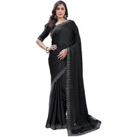 Satrani Women's Satin Hot Fixing Border Embellished Saree With Unstitched Blouse Piece (3762S384N_Black)