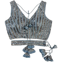 Pujia Mills Women's Emblished Sequins Sleeveless Fancy Grey Blouse With Belt(Sequins Belt Grey_38)