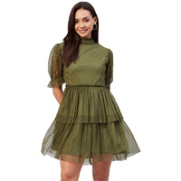 Rare Women's Net Fit And Flare Above The Knee Casual Dress (Ep6232_Olive_S)