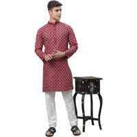 Sojanya (Since 1958 Men's Silk Blend Maroon Kurta With Multi Color Embroidery And Cream Pyjama