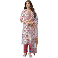Sanisa Women's Rayon Blend Floral Printed Straight Kurta With Pant And Dupatta Set| Ethnic Set | Suit Set | Kurta Set(129Kbd1394N-Xxl_White & Maroon & Multi)
