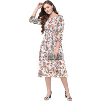 Toochki Women's White & Rust Georgette Floral Fit & Flared Western Dress | Dress For Women | A Line Dress | Winter Dress | Western Dress | Latest Women Dress | Trendy Dress | Midi Dress