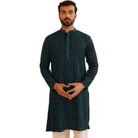 Sojanya (Since 1958 Men's Cotton Contrast Embroidered Sequinned Teal Blue Long Kurta