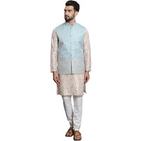 Sojanya (Since 1958 Men's Silk Blend Print Cream Kurta And Off-White Pyjama With Blue Nehrujacket