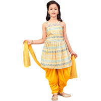 Aarika Girls Ethnic Wear Yellow Colour Floral Print Silk Kurti Patiala Set (4-13 Years)