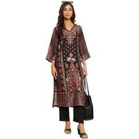 Varanga Women Black Floral Printed Kurta With Solid Trouser  Comfortable Cotton Set For Casual Outings, Versatile Design For All Occasions, Stylish And Relaxed Fit (Double Extra Large)