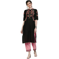 Ishin Women's Cotton Black Embroidered Straight Kurta