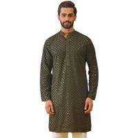 Jompers Men's Mehndi Sequin Embroidered Pure Cotton Kurtas. (Mehndi, L)