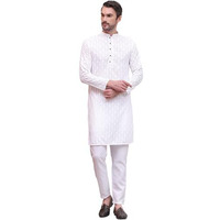 Jompers Men's White Floral Cotton Kurta With Pyjama. (White, Xl)