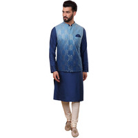 Kisah Men's Kurta Jacket Churidar Set, Navy Blue Cotton Blend, Jacquard Regular Fit Mandarin Collar Long Sleeves (42)