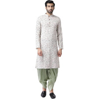 Kisah Men's Kurta Dhoti Set, Multicolored Cotton Blend, Printed Regular Fit Mandarin Collar Long Sleeves (S)