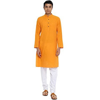 Fabindia Men Cotton Long Kurta Slim Fit Yellow_M