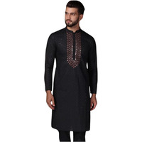 Kisah Men's Kurta, Black Cotton, Embellished Regular Fit Mandarin Collar Long Sleeves, 36