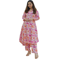 Greciilooks Women's Cotton Blend Floral Regular Fit Kurta Set (Gl-W1836_Pink&Orange_S)