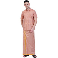 Prakasam Cotton-Mens Art Silk Wedding Set/Art Silk 8 Mulam (8-Yard) Dhoti And Stitched Half Sleeve Shirt
