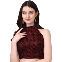 Pujia Mills Women's Halter Neck Chickenkari Sequins Work Readymade Saree Blouse (Maroon, 32)