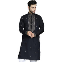 Jompers Men's Black Sequin Embroidered Kurtas (Black, L)