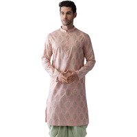 Kisah Men Blushing Peach Woven Design Kurta Full Sleaves, Knee Length, Straight, Regular Fit, Mandarin Collar Ethnic Wear, 52