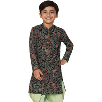 Kisah Kid's Cotton Full Sleeves Regular Fit Knee Length Floral Black Kurta (11-12Y)