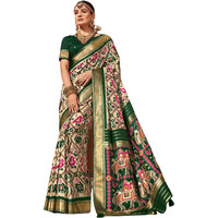 Satrani Women's Silk Blend Ikkat Printed Foil Work Saree With Unstitched Blouse Piece (3874S384N_Cream & Dark Green)