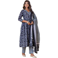 Lookmark Women's Printed Cotton Blend Lace A-Line Kurta Pant Dupatta Set - Ethnic Elegance For Every Occasion! Experience Comfort And Style With This Stunning Ensemble (Az-Lm-P1-Ks2122-S) Black