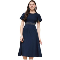 Selvia Women's Western Dress | Stone Work Flutter Sleeve Crepe Western Dress For Women | Round Neck A-Line Dress For Women | One Piece Dress For Women (665Dtk685N-Xs_Dark Blue)