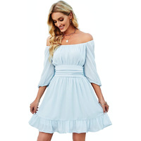 Patlani Western Dresses For Women | Solid Georgette Smock Off Shoulder- Dress | Midi Western Dress For Women.(Off-Sky-S)