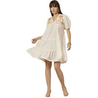 Stylum Women's Cream Solid & Embroidered Cotton Flared Dress (Drscreamlimbo40_Off White, L)