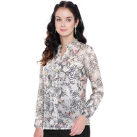 Toochki Women's Grey Georgette Botanical Print Straight Western Top | Winter Top | Western Top | Top For Women | Latest Women Top | Trendy Women Top