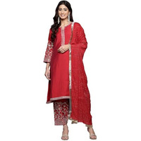 Varanga Women Red Zari Embroidered A-Line Kurta Paired With Tonal Salwar And Dupatta