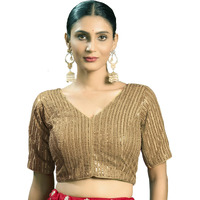 Vihu Fashion Women's Indian Ethnic Wear Designer Silver Sequence With Matching Embroidered Work V Neck Half Sleeve Readymade Padded Saree Blouse Readymade Unique Gold Color Saree Blouse