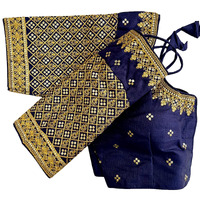 Vihu Fashion Women's Milan Silk Heavy Golden Codding Embroidery Sequins Work Navy Blue Saree Blouse(Reva Navy Blue)