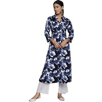 Varanga Navy Blue Floral Printed Mandarin Collar With Slit, Three Quarter Sleeves A-Line Kurta With Side Slits