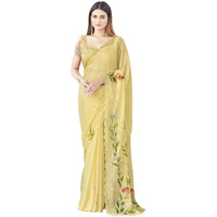 Womanista Women's Women Satin Saree Ll Women Floral Print Saree Ll Women Hand Print Saree Ll Un-Stitched Blouse Saree Ll Women Yellow Saree