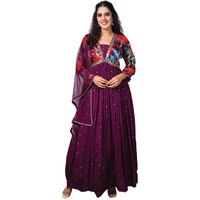 Xomantic Fashion Wine Chinnon Embroidered Alia Cut Anarkali Gown With Dupatta (X-Small, Wine)
