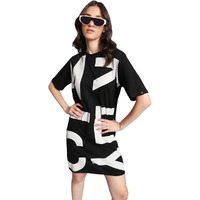 Bewakoof X Official Disney Merchandise Women's Mickey Typography Cotton Dress - Oversized Fit, Round Neck, Half Sleeves_582051_Black & White_Xl