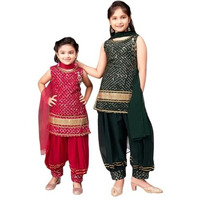 Aarika Girls D-Green And Rani Sibling Collection Sequin Embroidery Lace Work Georgette Kurti Patiala Set (4-10 Years)