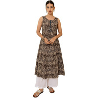Fiorra Women's Brown Floral Printed Cotton Flared Kurta Far0118