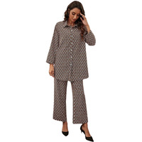 Greciilooks Women Co Ord Set| Geo Print Button Front With Wide Leg Pants| Long Sleeve Shirt| Straight Geo Printed Pant| Women Two-Piece Outfits| Summer Wear| Outdoor Wear (Small, Brown)