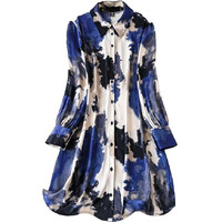 Gufrina Women's Rayon Dress With Long Puff Sleeves Mandarin Collared Neck Tie Die Printed A-Line Style Regular Fit And Knee Length Blue
