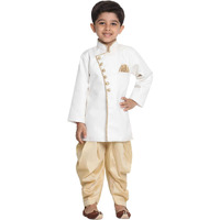 Jbn Creation Kids Boys' White And Gold Cotton Blend Sherwani And Casual Style Dhoti Pant Set_Jbnbciw123Ncdgo_32, 9-10 Years
